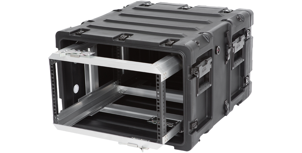 Angled side view of 6U RR Series Rack - 20-inch Deep Shock Rack showing durable watertight case and shock-absorbing frame.