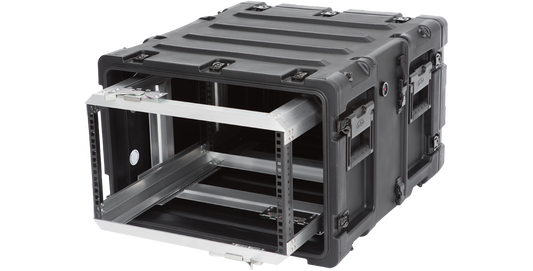 Angled side view of 6U RR Series Rack - 20-inch Deep Shock Rack showing durable watertight case and shock-absorbing frame.