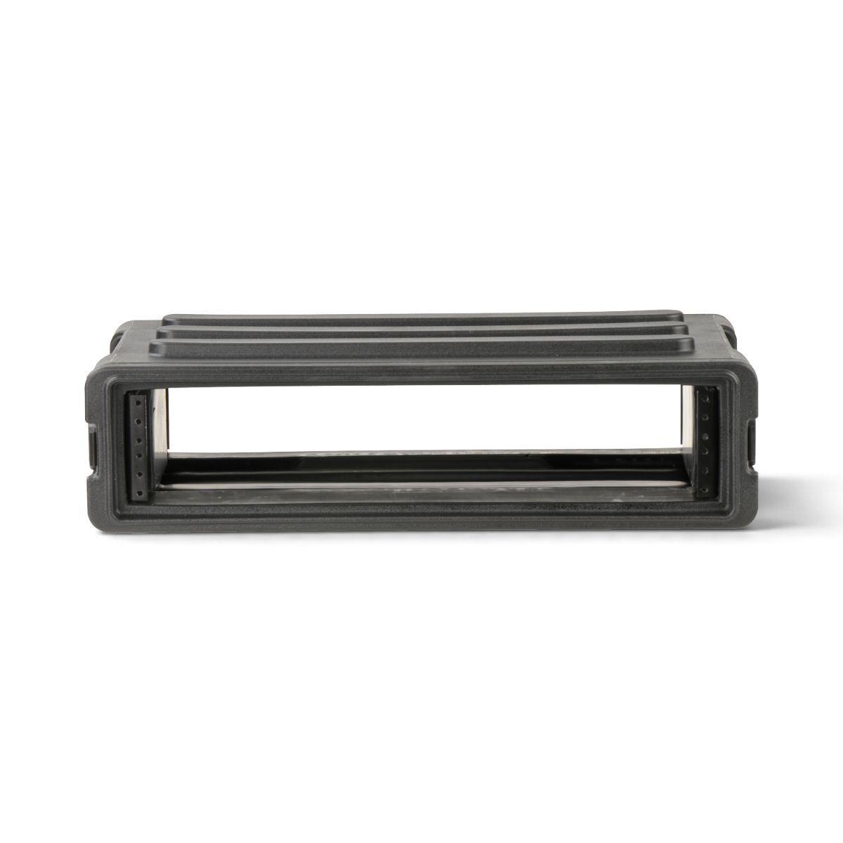 Front view of 2U rSeries SKB Shallow Rack - Strong & Durable showing open rack space and internal steel rails for secure mounting.