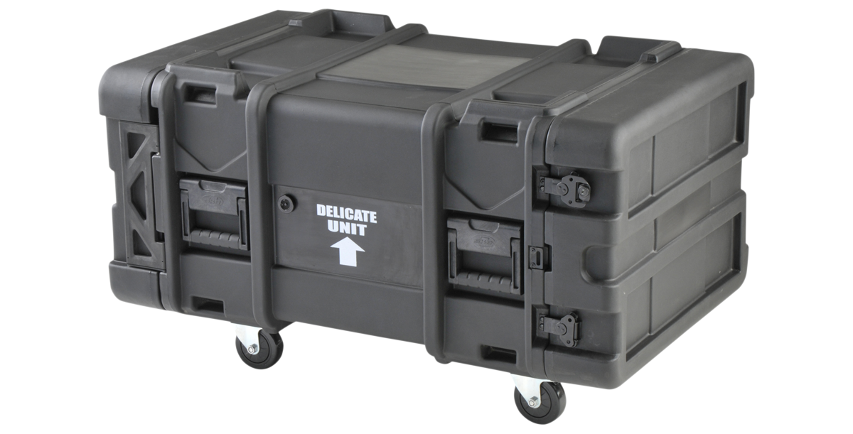 Side view of sealed 6U shock rack with molded handles and wheels, built for transporting sensitive server or audio gear.