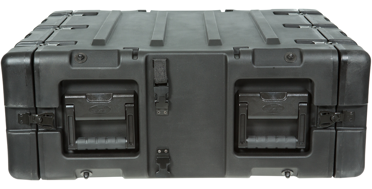 Back view of closed 20 inch shockproof rack case with heavy-duty handles and secure latches for safe electronics storage.