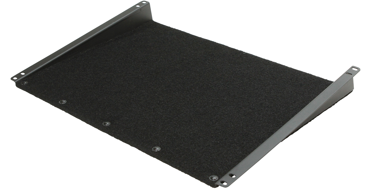 Angled top view of Velcro Rack Shelf accessory with textured surface and mounting brackets for slant rack integration.