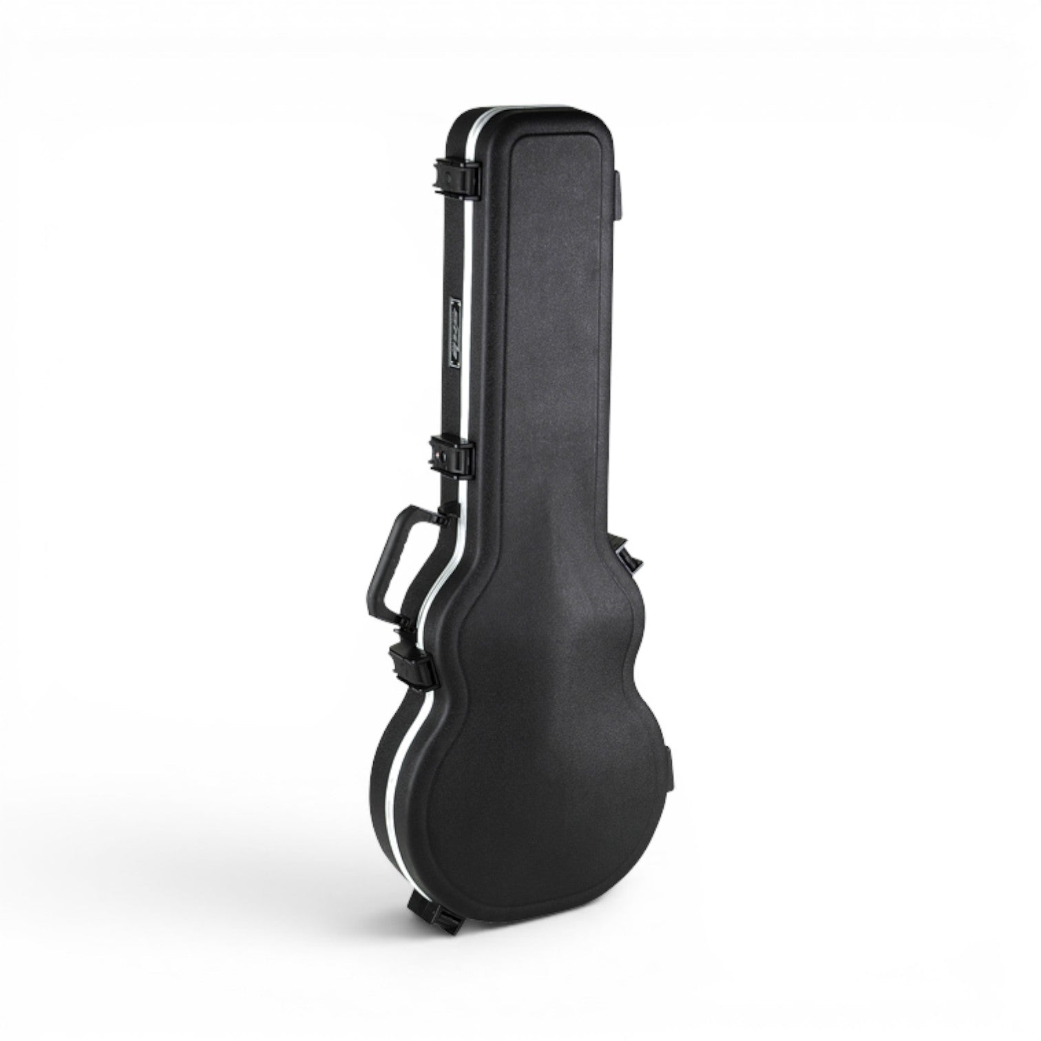 Angled side view of the Les Paul® Guitar Case with TSA latches, emphasizing its ergonomic handle and secure locking system.