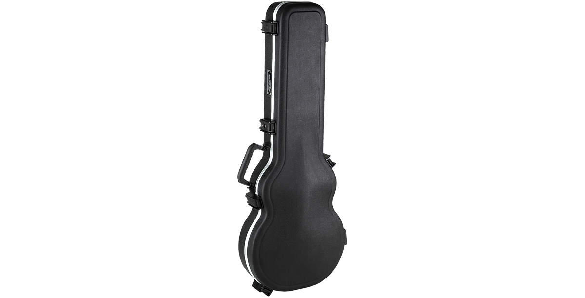 Angled side view of the Les Paul® Guitar Case with TSA latches, emphasizing its ergonomic handle and secure locking system.