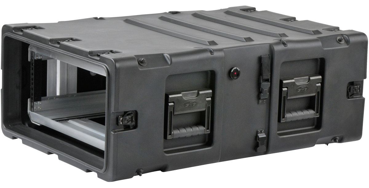 Open side view of SKB 4U RR Series 30-inch Deep Shock Rack with visible aluminum frame and shock-absorbing design.