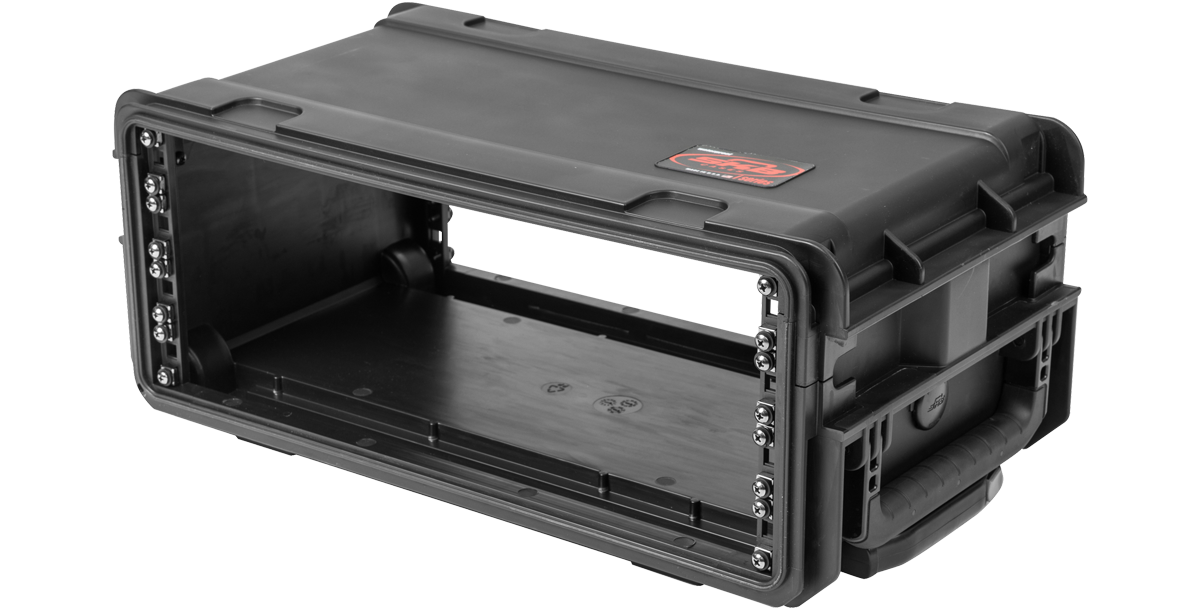 Angled view of Compact Injection Molded Rack with side handles and wheels for mobility and rugged performance.
