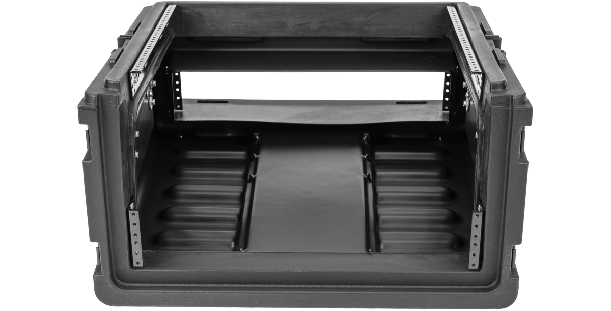 Empty Compact Rig Case - Rolling with 10U top and 2U rails, showcasing internal rack space and durable construction.