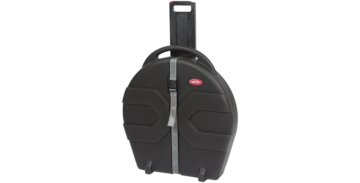 Rolling Cymbal Vault angled with extended handle, ideal for transporting up to 8 cymbals with ease and protection.
