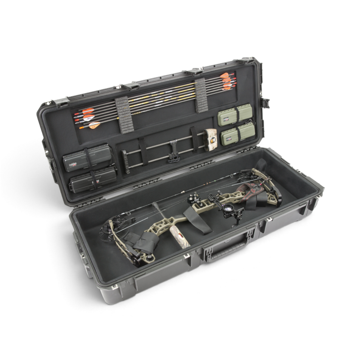 SKB Cases iSeries deluxe large parallel limb bow case with a Mathews bow, arrows, and accessories stored inside.