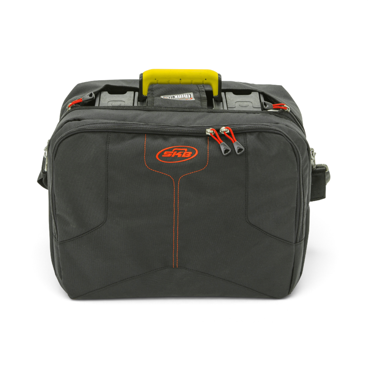SKB Cases iSeries 1309-6 black lure case with yellow handle and Think Tank lid organizer for fishing gear storage