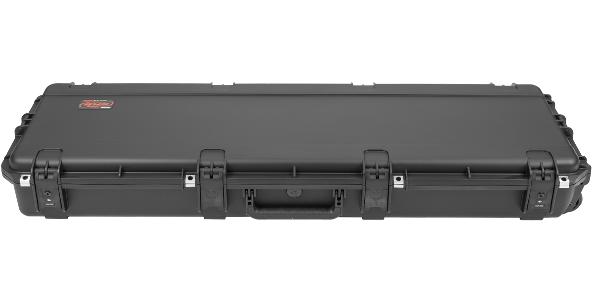Flat view of closed iSeries Bass Case - Waterproof StingRay with reinforced latches and military-grade exterior for bass guitar safety.
