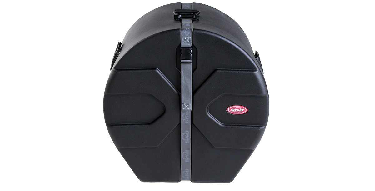 Front view of 14 x 24 Marching Bass Drum Case with Roto-X design, showcasing durable molded shell and secure strap closure.