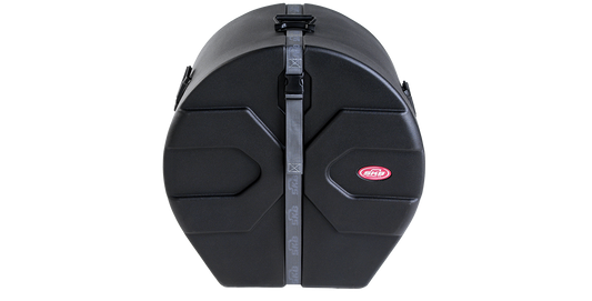 Front view of 14 x 24 Marching Bass Drum Case with Roto-X design, showcasing durable molded shell and secure strap closure.