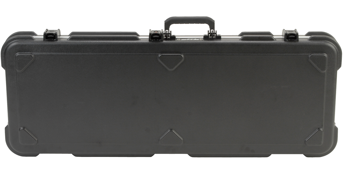 Front view of Fender Jazzmaster Guitar Case featuring rugged black exterior, secure latches, and ergonomic carry handle.