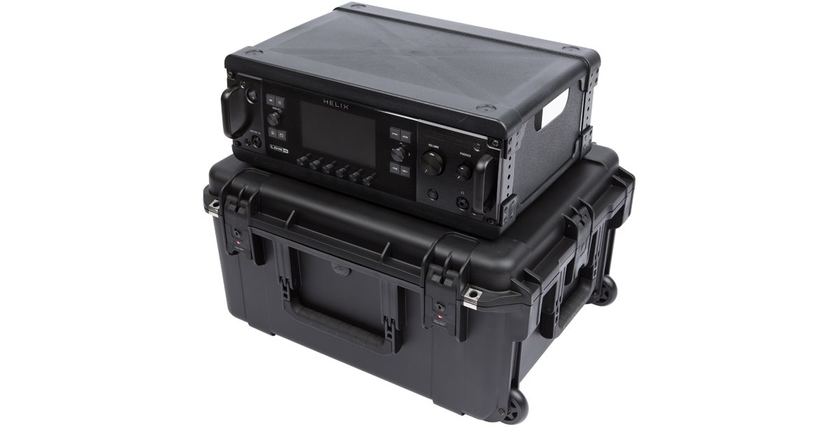 Side view of 3U Fly Rack with Helix mounted on rugged iSeries case, showcasing compact and durable design for mobile audio setups.
