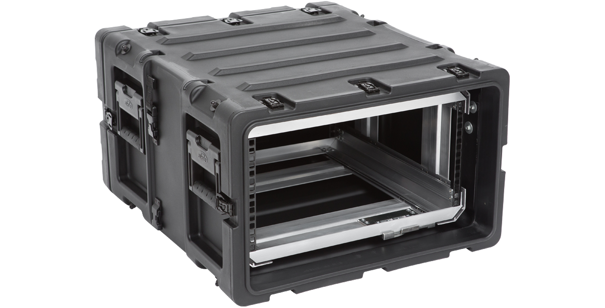 Shock-resistant 20-inch 5U RR Series rack with visible internal mounting rails and protective black casing.