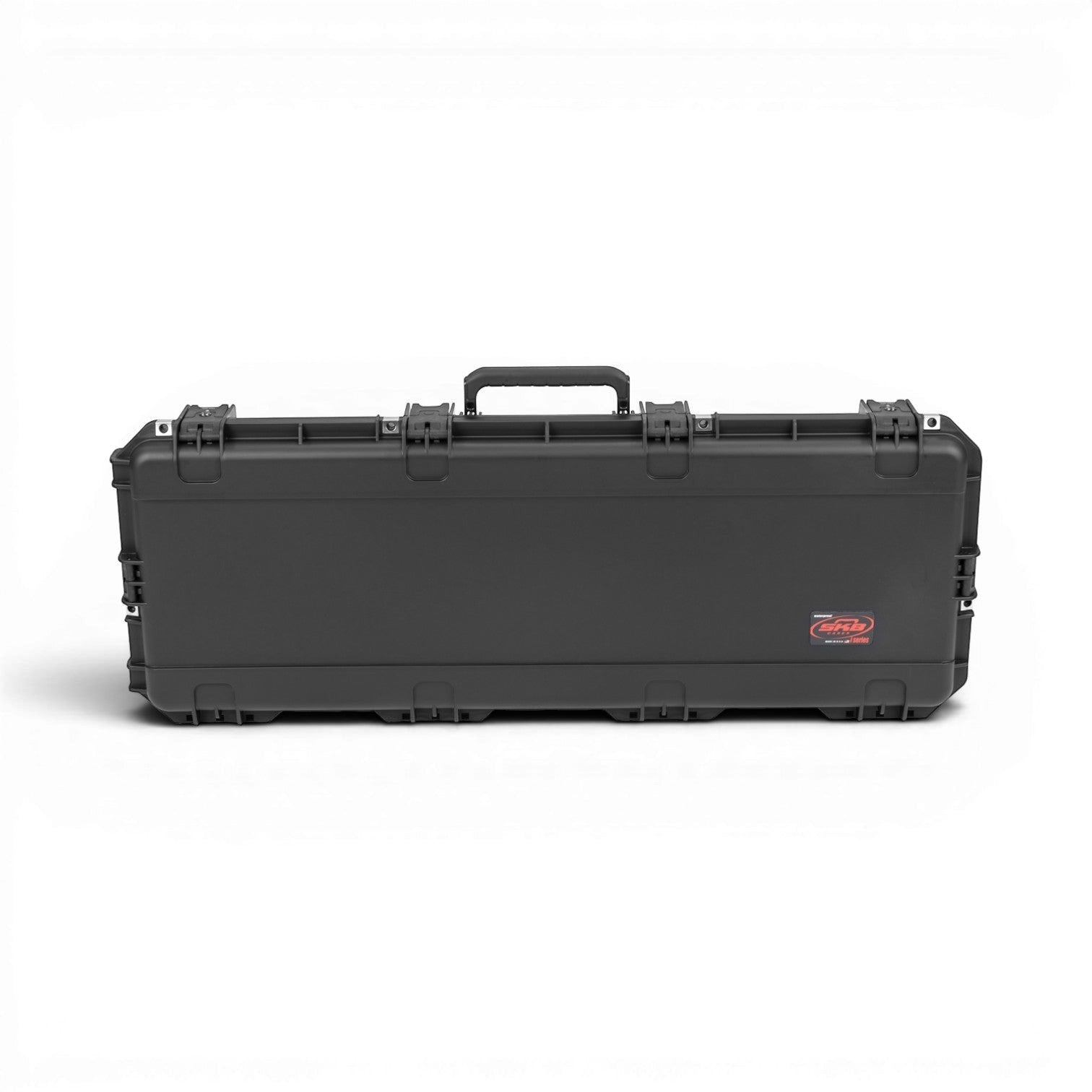 Back view of waterproof guitar case for Stratocaster, showing rugged black shell and SKB branding.