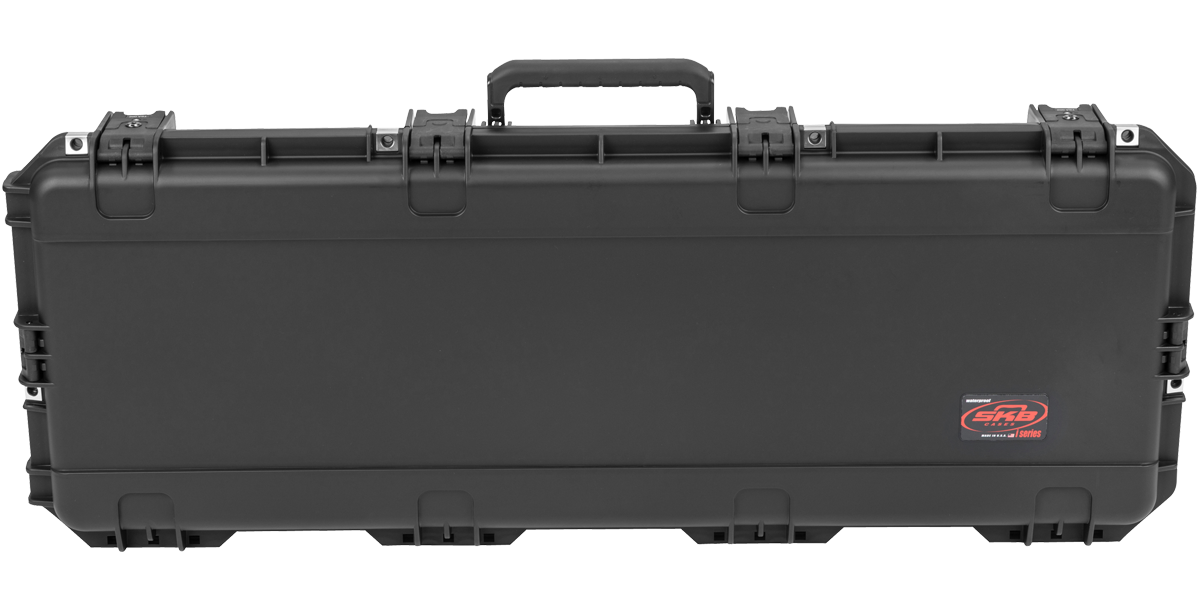 Back view of waterproof guitar case for Stratocaster, showing rugged black shell and SKB branding.