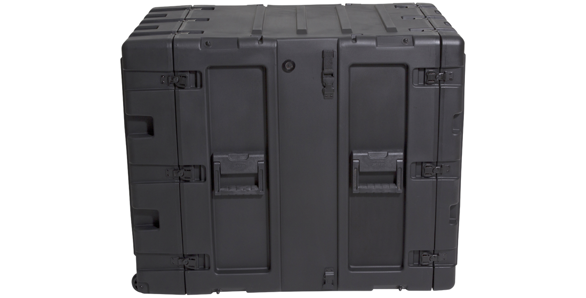 Front-facing view of 14U Shock Rack Transport Case highlighting heavy-duty latches and watertight seal design.