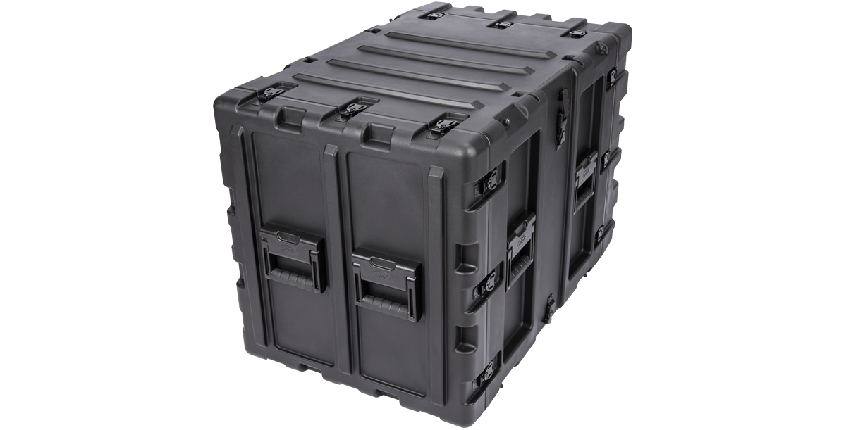 Rear-left angle of SKB 11U Shockproof Rack Case, emphasizing heavy-duty handles and reinforced shell design.