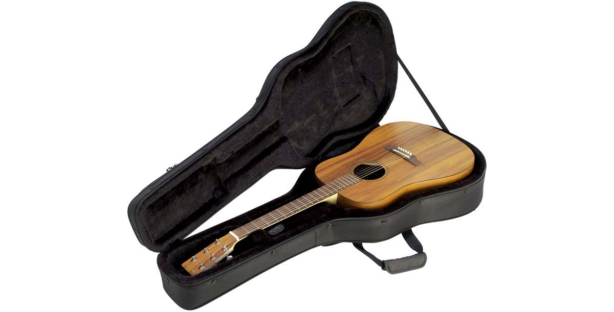 Open Acoustic Guitar Soft Case displaying a wooden dreadnought guitar inside, highlighting the soft interior lining and secure molded fit.
