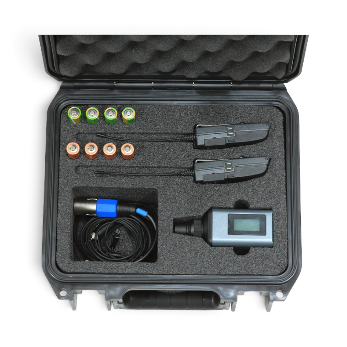 SKB Cases iSeries waterproof microphone case with custom foam interior holding Sennheiser EW wireless system gear.