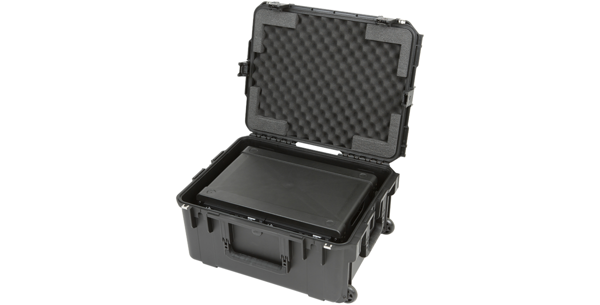 Foam-padded 2U Wireless Mic Fly Rack case with lid open, showing secure compartment for rack-mounted gear.