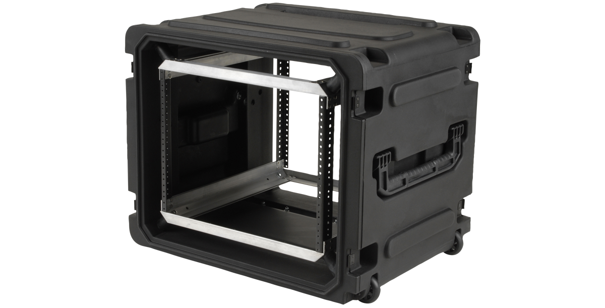 Angled open view of 20-inch Rolling Shock Rack showing internal shock-mounted frame and molded handles for easy transport.