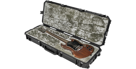 Open iSeries SG Guitar Case showcasing molded interior fit for SG guitar; durable, waterproof, and flight-ready design.