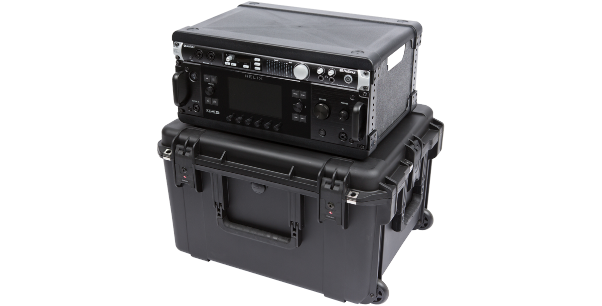 Angled view of iSeries Fly Racks case with Helix gear, highlighting rugged design and removable 4U shock rack for pro audio setups.