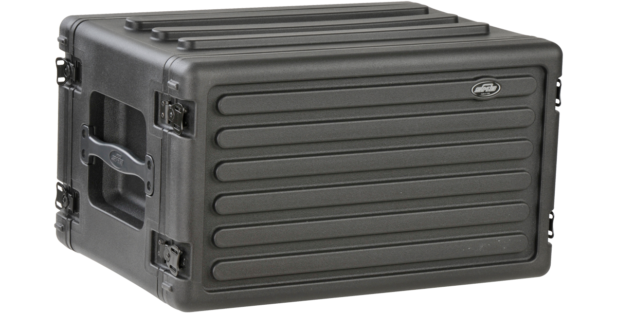 Side view of 6U Shallow Rack - Durable and Secure with molded handles and closed lid, built for stacking and heavy-duty use in transport.