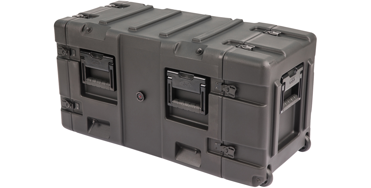 20-inch Shock Rack Case by SKB with wheels and pull handle, designed for convenient transport of sensitive rack-mounted devices.