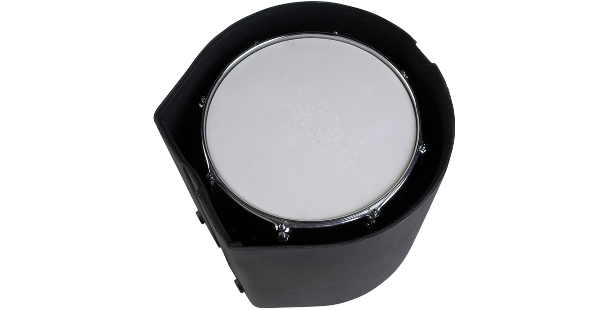 14 x 14 drum securely placed inside padded drum case, showcasing snug fit and protective interior for safe drum transport.