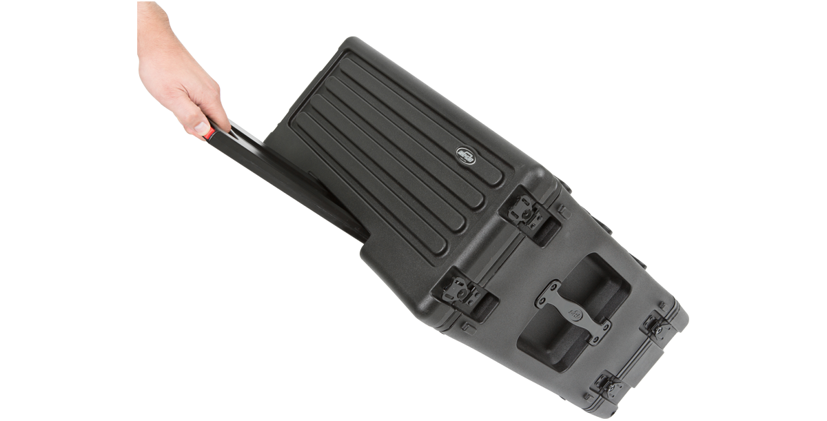 Angled view of the SKB Roto Rolling Rack being pulled by its handle, highlighting its portable design and built-in wheels.