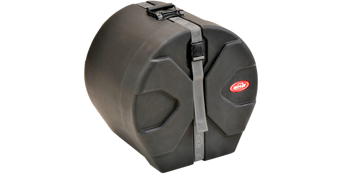 Angled view of Roto-molded Tom Drum Case 14 x 16 with molded contours and locking strap, designed for safe transport of tom drums.