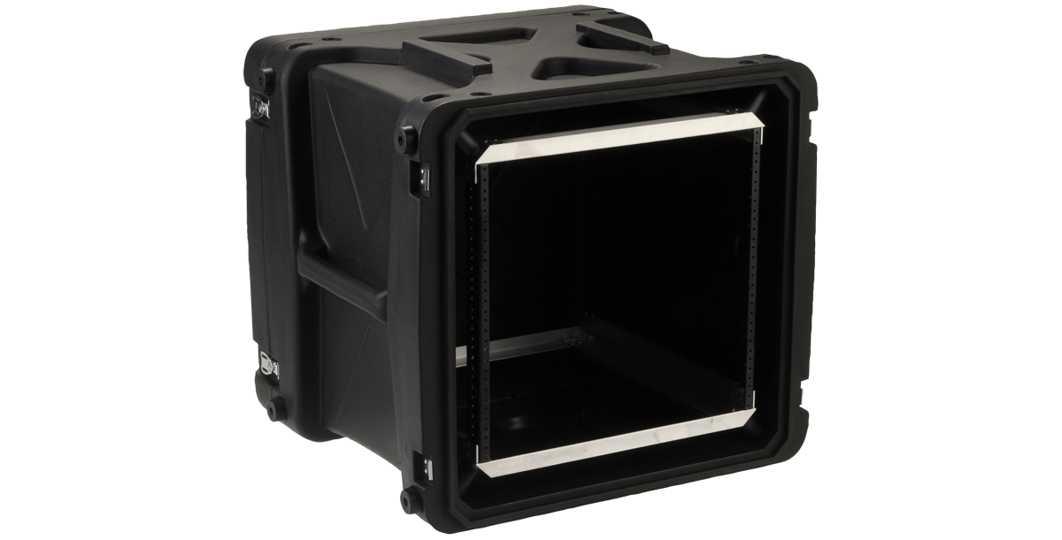 Side open view of 20-inch Shock Rack - 10U Deep highlighting internal rack rails and shock-absorbing frame for sensitive electronics.