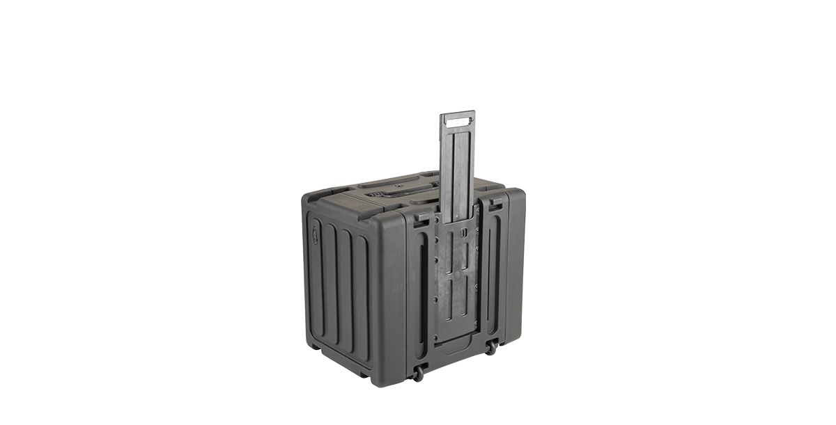 Rear angled view of 20-inch Shock Rack with extended pull handle and rugged molded construction for secure transport.