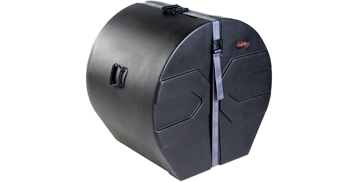 Angled view of durable 18 x 24 bass drum case with reinforced edges and sure grip handles for reliable drum transport.