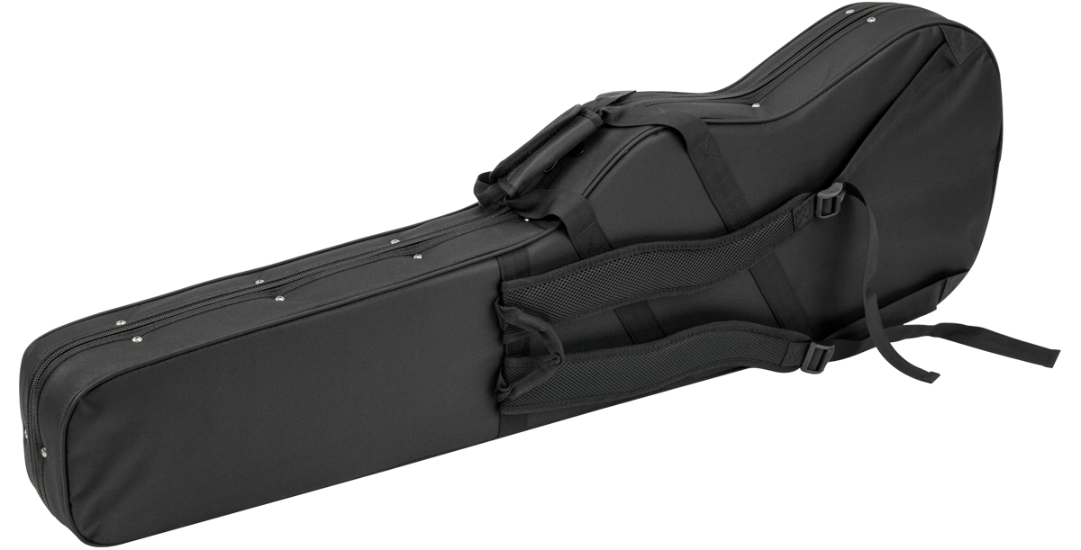 Back view of Universal Electric Bass Soft Case showing adjustable backpack straps and reinforced stitching for durability.
