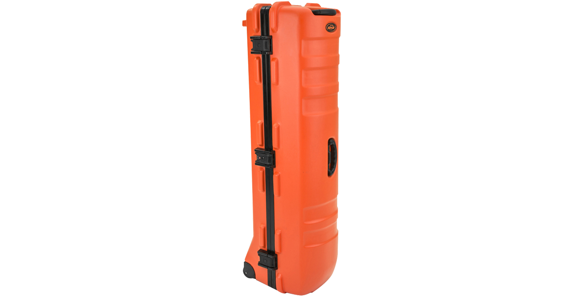 Tall side view of ATA Staff Pro XL Golf Travel Case with vertical handle and durable hinge design for upright mobility.