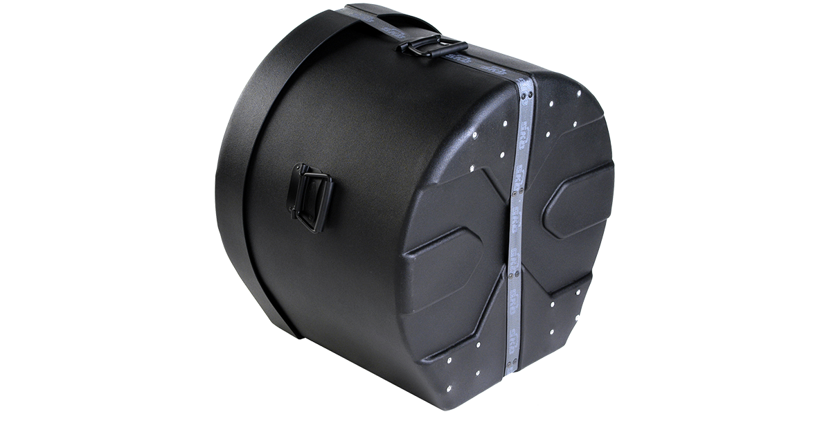 Rear angled view of 14 x 24 Marching Bass Drum Case showing reinforced rivets and molded contours for added protection and stability.