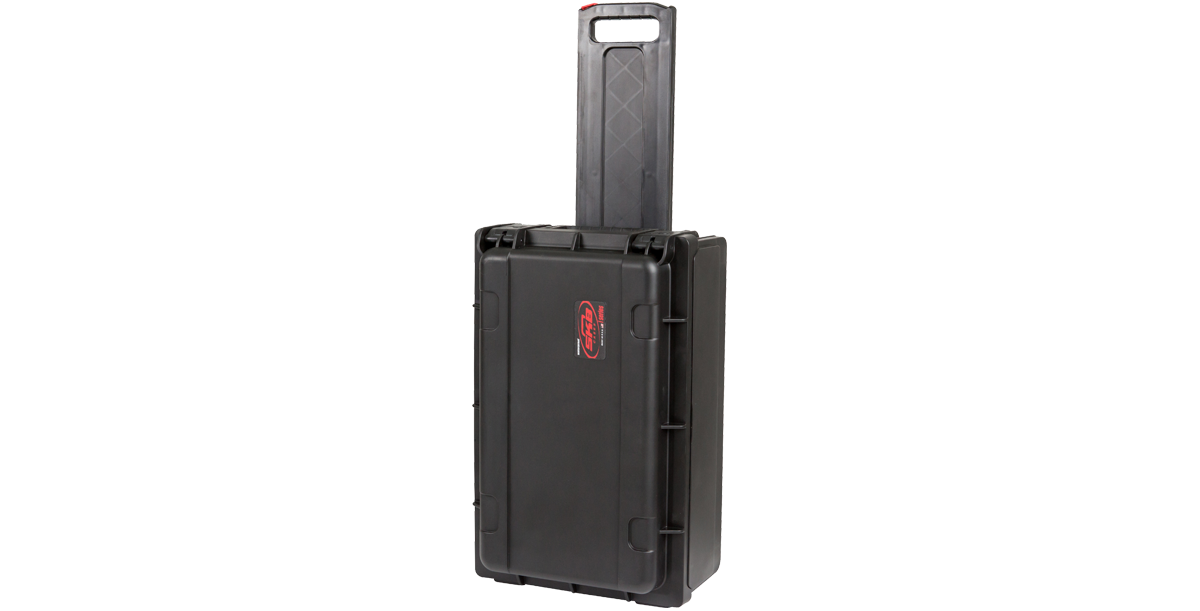 2U Rack Case with extended pull handle for easy carry-on transport, ideal for traveling with studio gear.