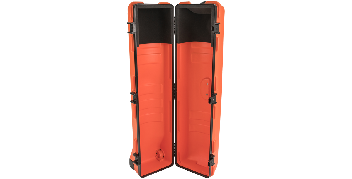 Open view of ATA Staff Pro XL Golf Travel Case showing spacious interior for golf clubs and bags, with protective molded shell.