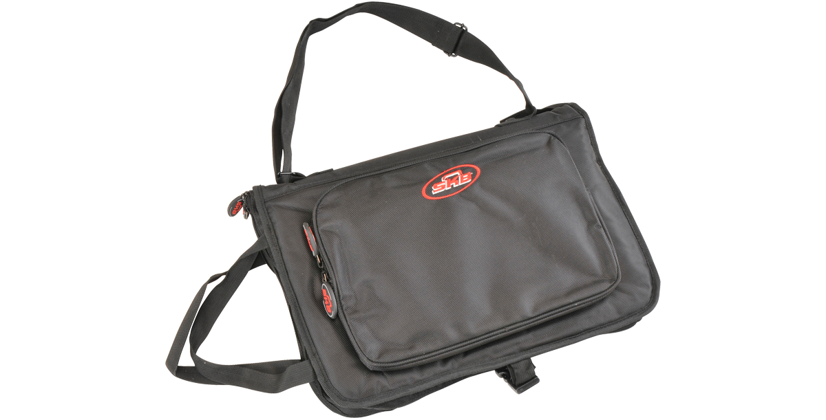 Angled view of SKB Drum Stick Bag with Pockets, highlighting its compact, portable design and sturdy construction for drummers on the go.