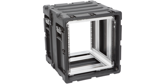 11U 20-inch shockproof rack with open front view, showcasing durable aluminum frame and protective black shell for secure electronics transport.