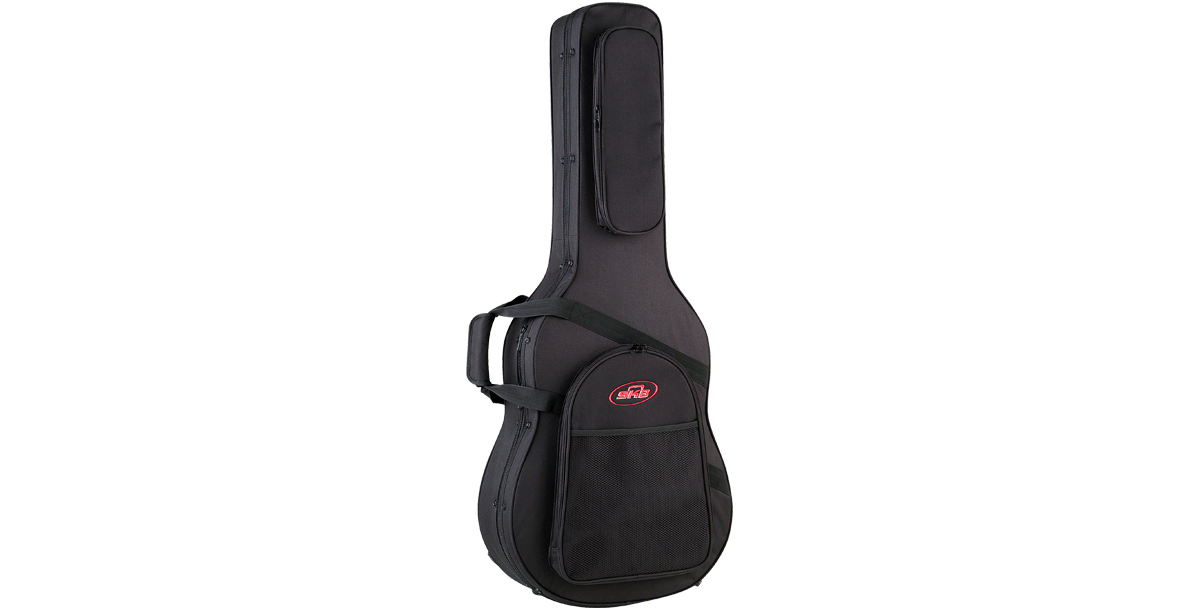 Angled view of Acoustic Guitar Soft Case showing ergonomic handle, padded straps, and rugged design for enhanced guitar protection and transport.