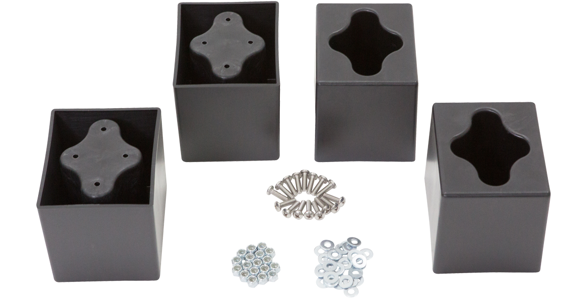 Complete 3R Forklift Riser Kit with four reinforced nylon risers, screws, washers, and nuts for easy installation.