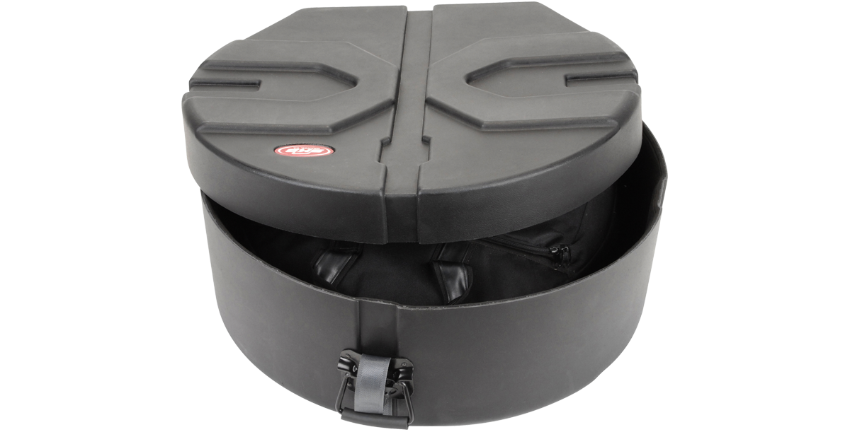Cymbal Safe case partially open, revealing padded interior designed to protect cymbals during transport and storage.