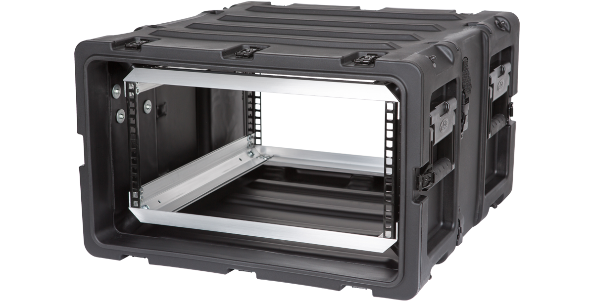 Angled front-left view of 5U 20-inch SKB Shock Rack showing lightweight, shockproof design with secure latches and handles.
