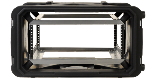 Front view of 4U 20-Inch Rack with Roto Shockproof design, showing internal elastomer shock mounts for IT and pro audio equipment protection.